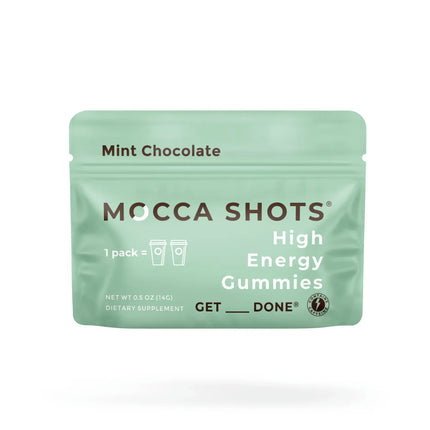 Mint green package of Mocca Shots High Energy Gummies on a white background