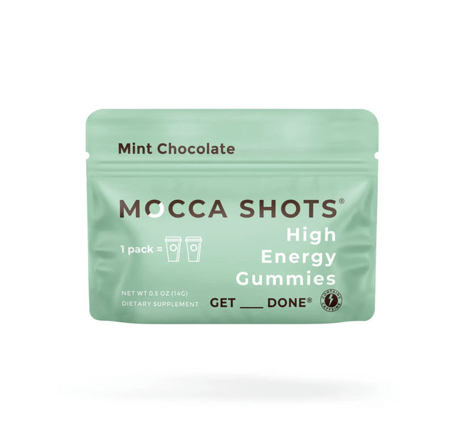 Mint green package of Mocca Shots High Energy Gummies on a white background